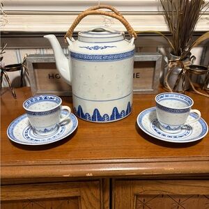 Blue and White Teapot Set with Cups